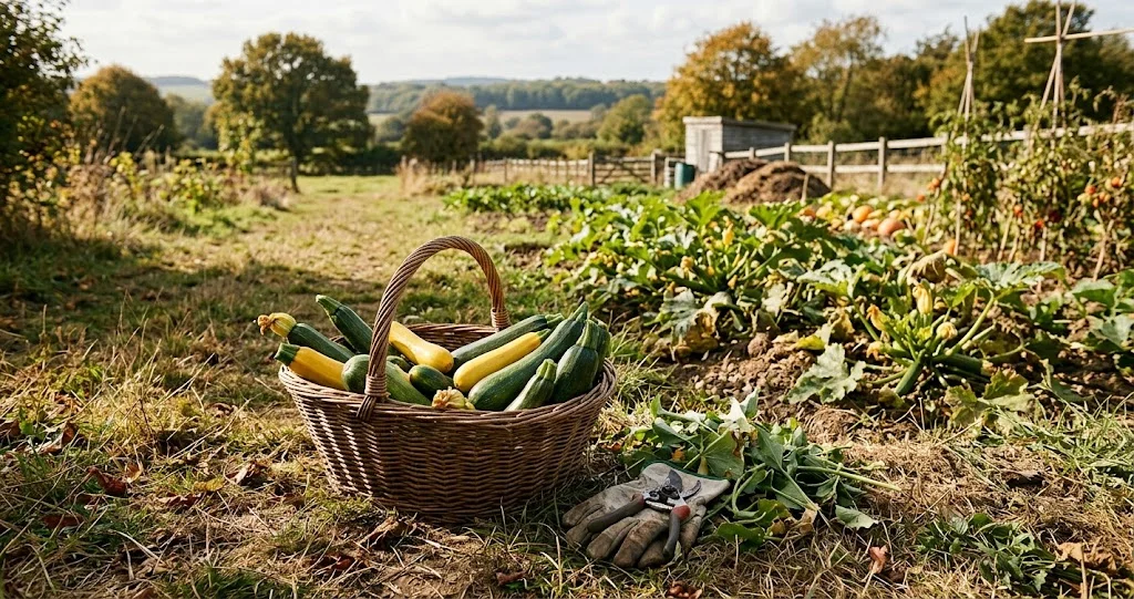 récolter dernières courgettes octobre avec un sécateur propre