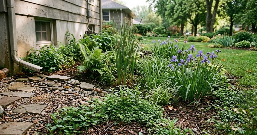 jardin de pluie eaux pluviales infiltration depuis une toiture vers une dépression végétalisée
