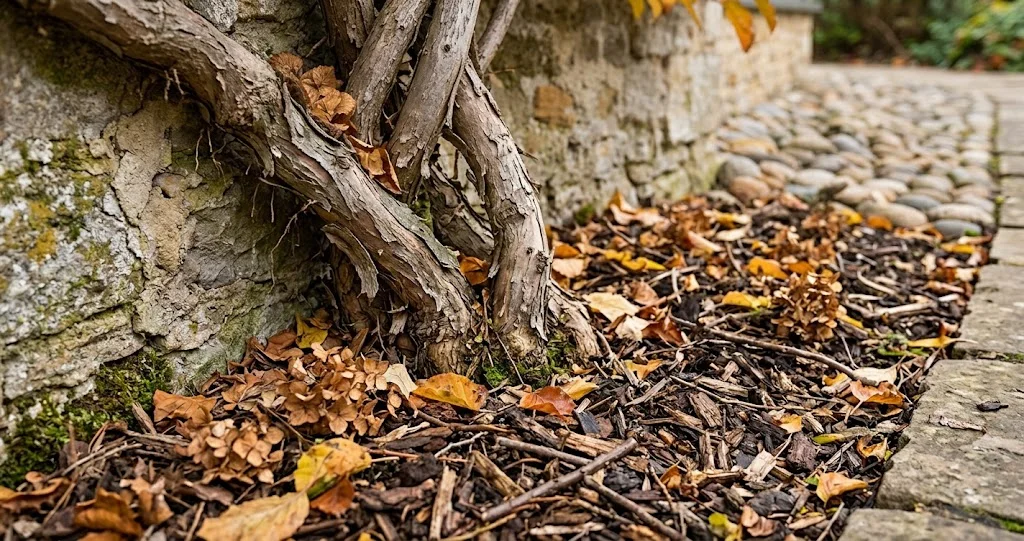 protéger hortensia grimpant hiver avec feuilles mortes et paillage autour des racines