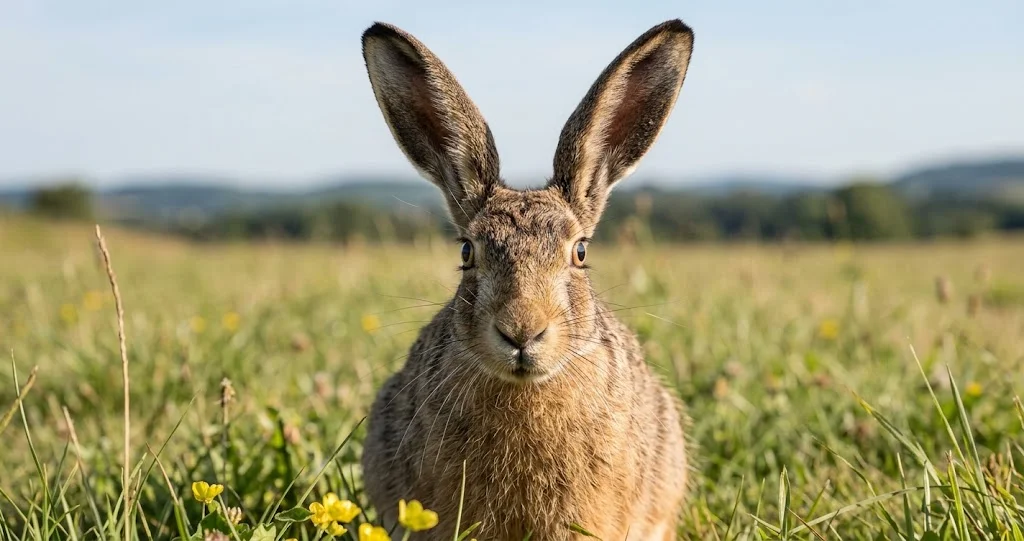 reproduction hase portées avec Lièvre d’Europe adulte et levrauts dans une prairie