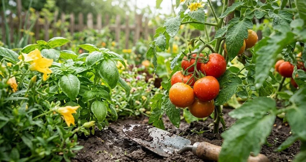 compagnonnage tomates basilic avec plants de basilic installés entre les pieds de tomates