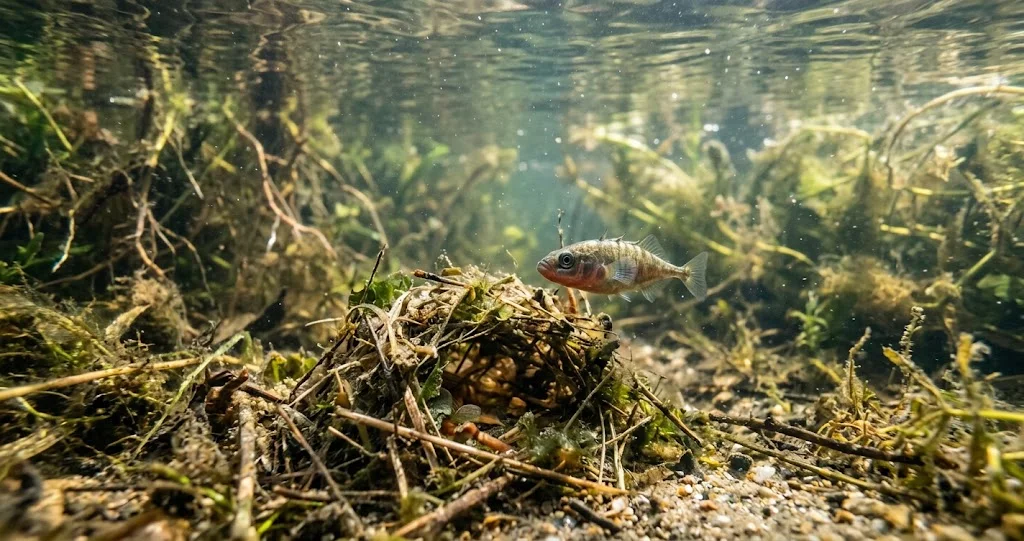 épinoche nid mâle en coloration nuptiale rouge près d’un nid de végétaux aquatiques