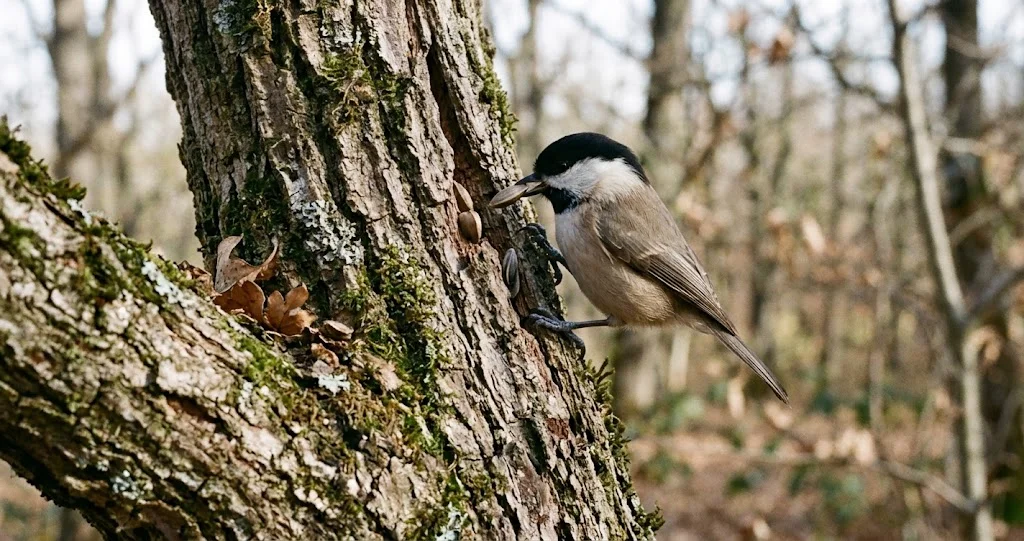 mésange nonnette cache graines dans une fissure d’écorce en automne