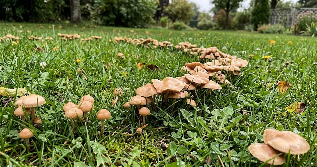 ronds de sorcière pelouse champignons avec croissance centrifuge du mycélium
