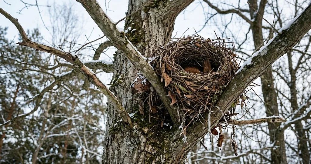 écureuil roux pelage hiver nid avec pinceaux d’oreilles, nid en boule et réserves de graines
