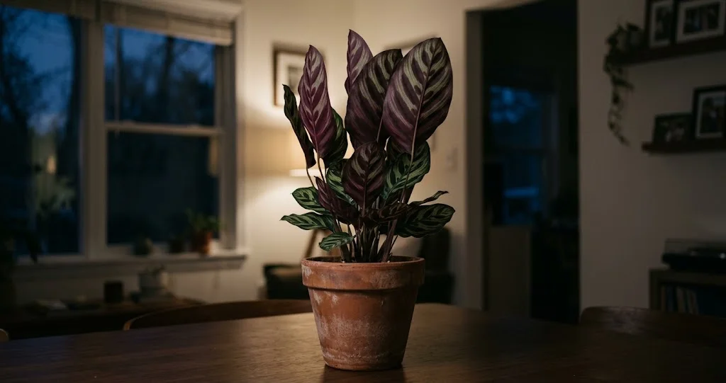calathea feuilles nuit air sec dans une lumière tamisée