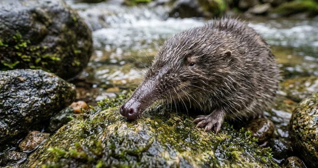 desman des Pyrénées torrents de montagne avec museau allongé sur un rocher humide