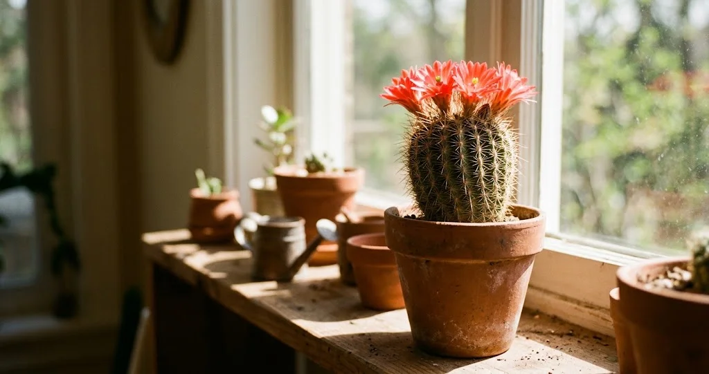 : cactus repos hiver arrosage floraison dans une pièce lumineuse fraîche et hors gel