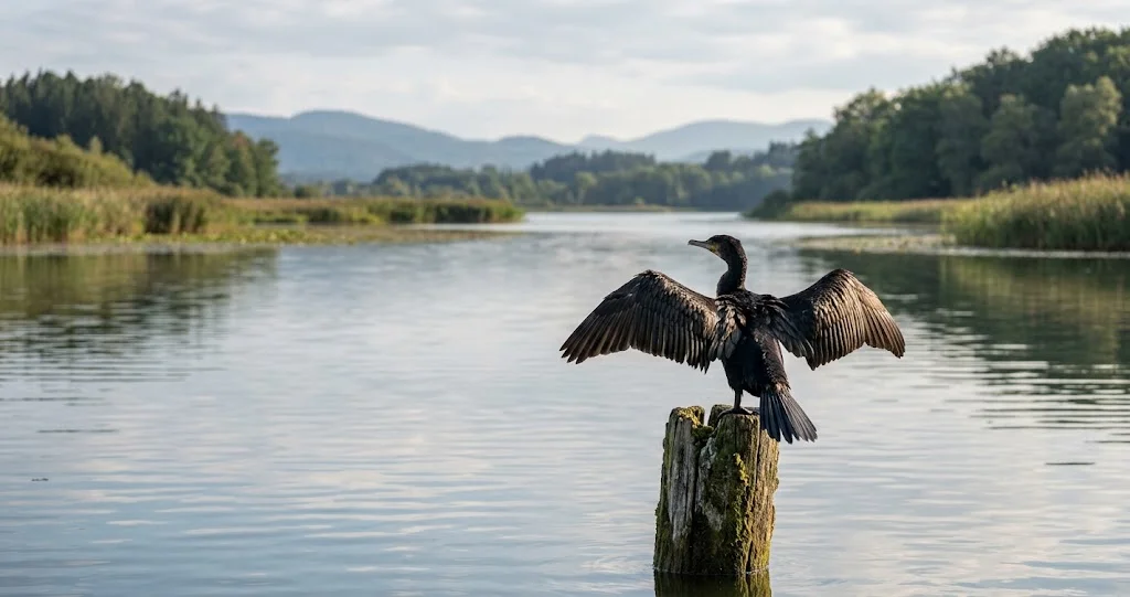 cormoran sèche ailes plumage sur une branche après une plongée dans un lac