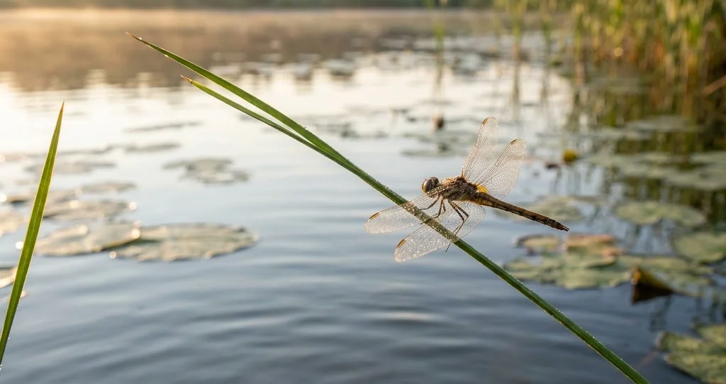  libellules mare jardin avec une libellule adulte posée sur un roseau au-dessus d'une mare naturelle