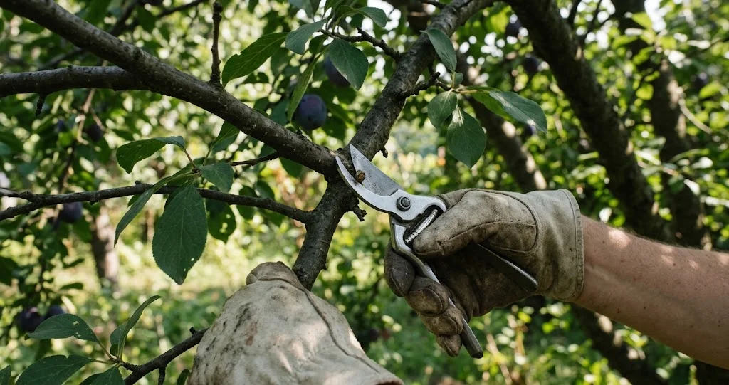 tailler cerisier prunier été avec sécateur propre réalisant une coupe légère après la récolte sur un arbre fruitier