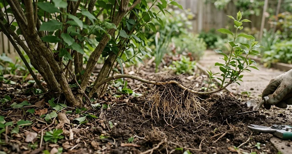 marcottage arbustes multiplier automne avec branche souple enfouie dans le sol