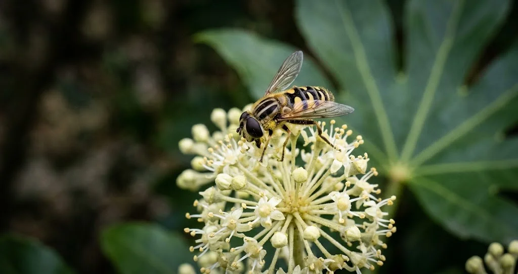  fatsia du Japon fleurs automne insectes sur ombelles avec feuillage persistant et baies noires