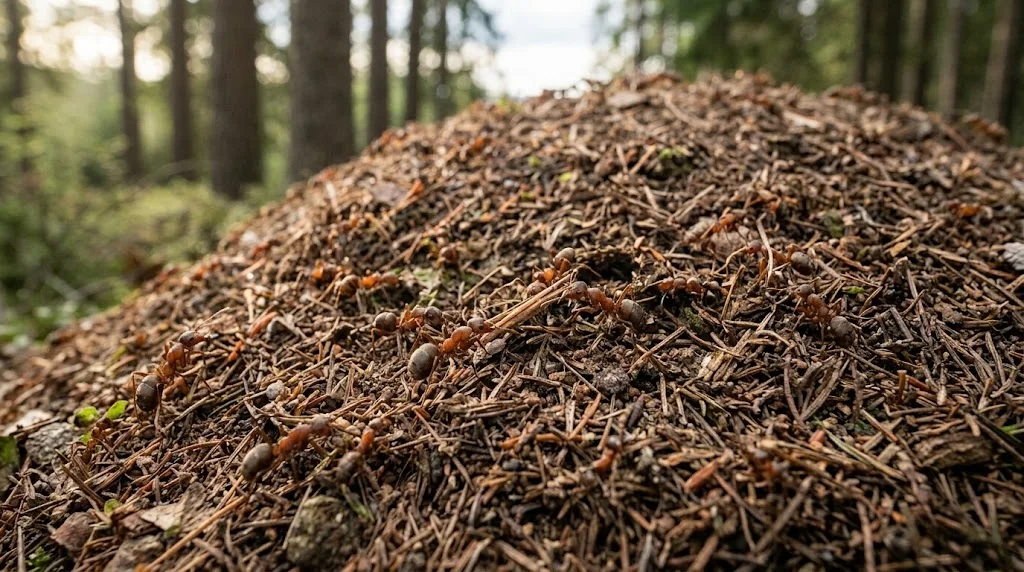 fourmis rousses des bois dôme chaleur avec coupe du nid montrant zones thermiques et galeries