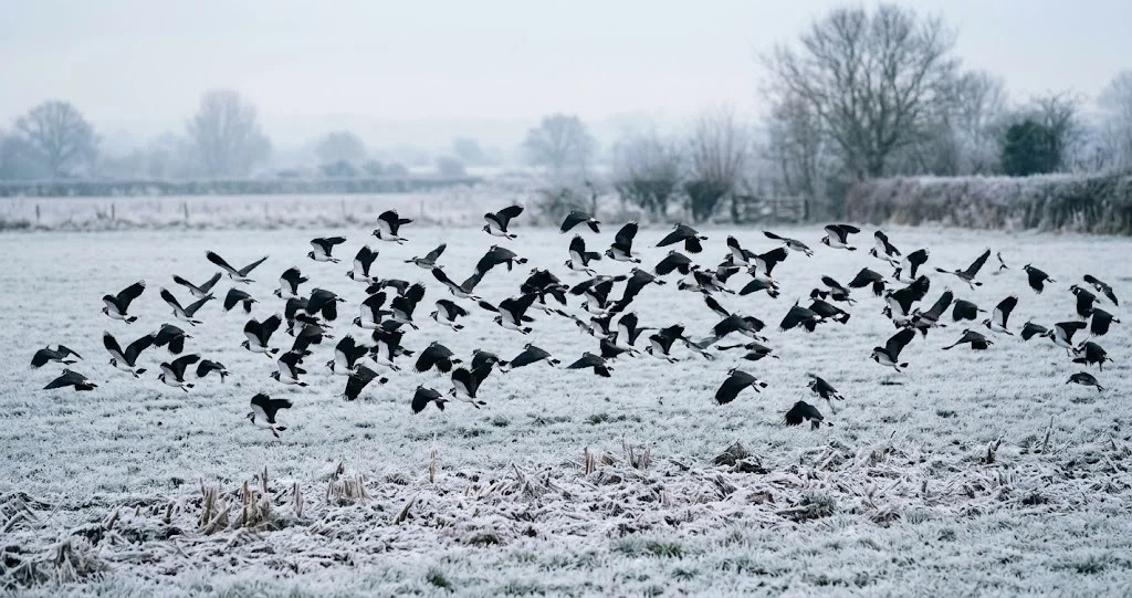 vanneau huppé gel déplacement hiver dans une prairie ouverte