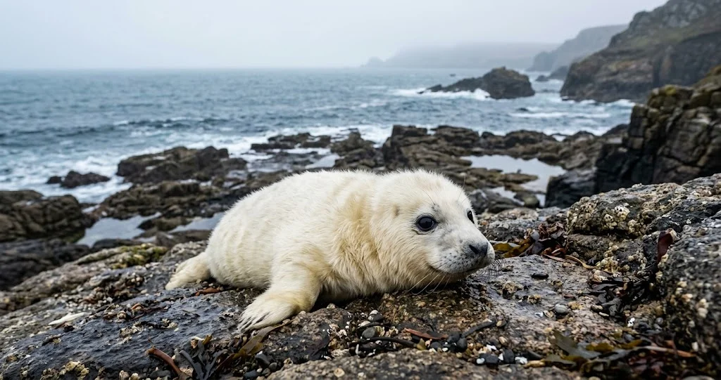  phoque gris naissance automne avec blanchon blanc reposant près de sa mère sur une plage rocheuse