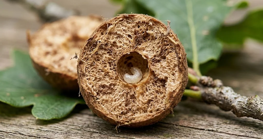 galles du chêne cynips larve à l'intérieur de différentes galles sur feuilles et bourgeons