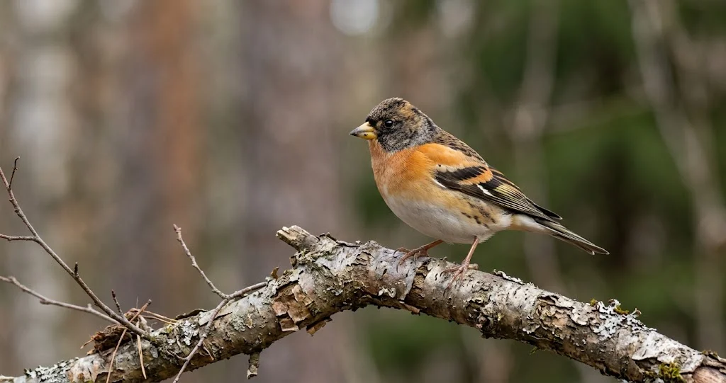 pinson du Nord hivernage hêtraie, mâle au plumage orangé recherchant des faînes sur le sol d'une forêt de hêtres.