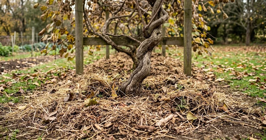 protéger racines kiwi pleine terre hiver avec un paillage autour d’un jeune plant