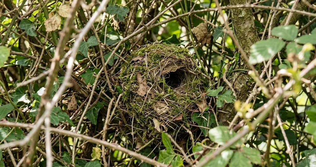 troglodyte mignon nids chant, petit oiseau brun à la queue dressée chantant près d'un nid sphérique dissimulé dans le lierre