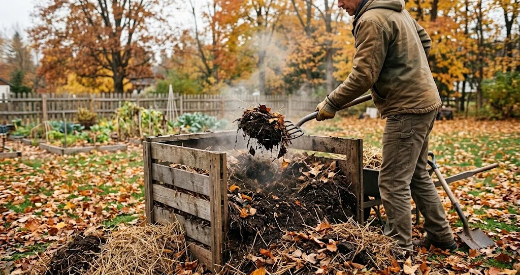 préparer composteur avant gel avec mélange de feuilles mortes et déchets de cuisine en automne