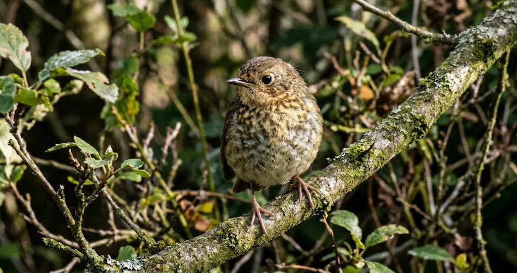 rouge-gorge territoire hiver chant avec adulte au plastron orange et jeune au plumage moucheté