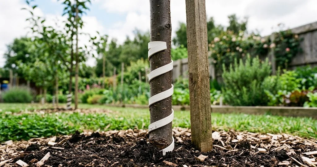 protéger arbres fruitiers rongeurs hiver avec grillage métallique autour d’un jeune pommier 
