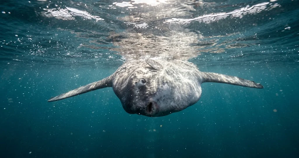  poisson-lune bain de soleil nageant latéralement près de la surface après une plongée