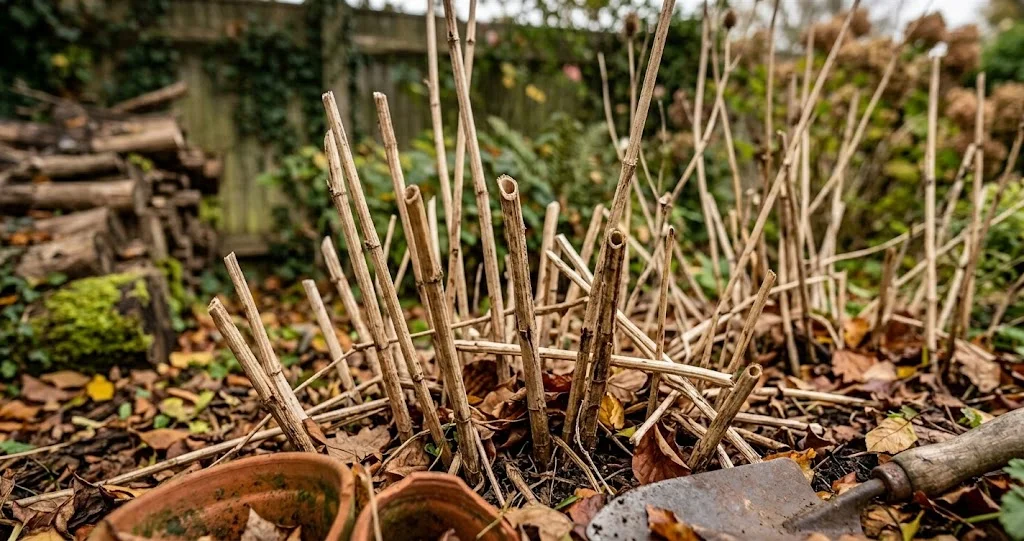 désordre mesuré jardin biodiversité automne avec feuilles mortes tiges sèches et petit tas de bois