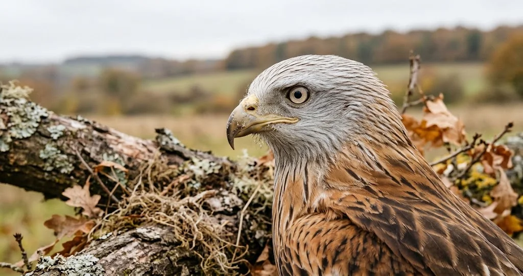 milan royal queue fourchue en vol plané au-dessus d'une prairie, avec plumage roux et taches blanches sous les ailes.