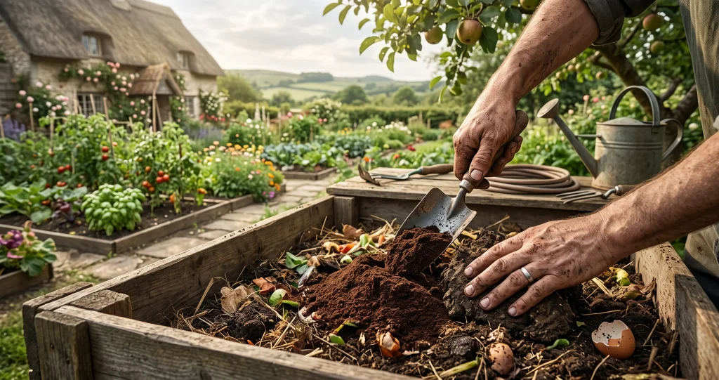 compost marc de café mélangé avec feuilles mortes et matières brunes