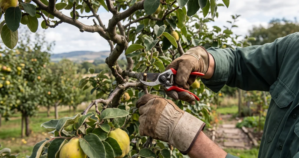 tailler cognassier automne après la chute des feuilles en préservant les rameaux fructifères