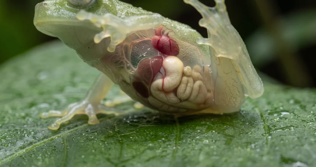 grenouille de verre peau transparente montrant les organes internes sur une feuille