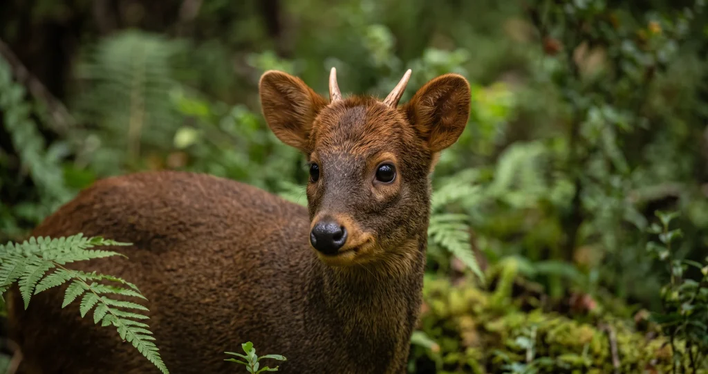 pudu plus petit cerf du monde montrant sa petite taille dans la végétation andine