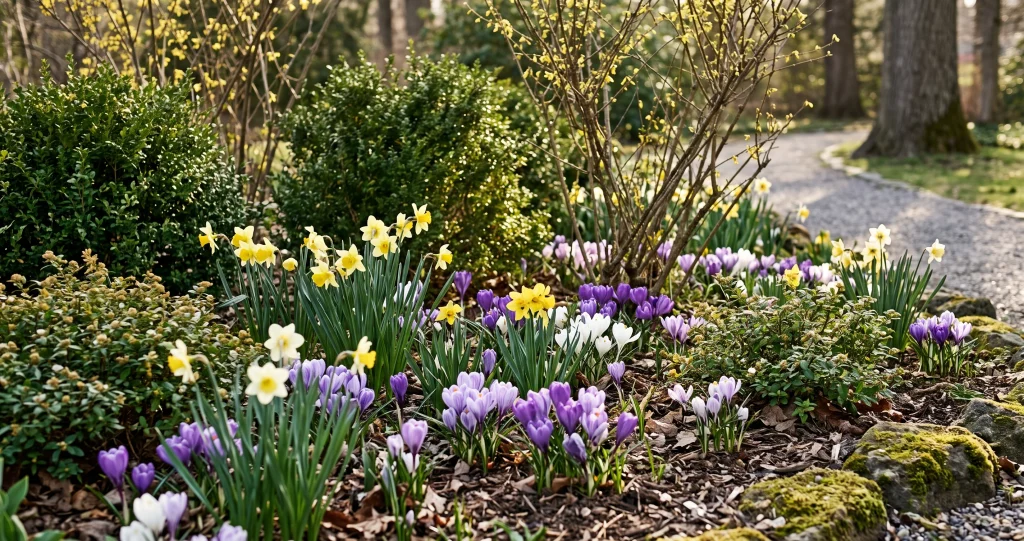 disposition bulbes printemps jardin comparant plantation géométrique et groupes naturels 