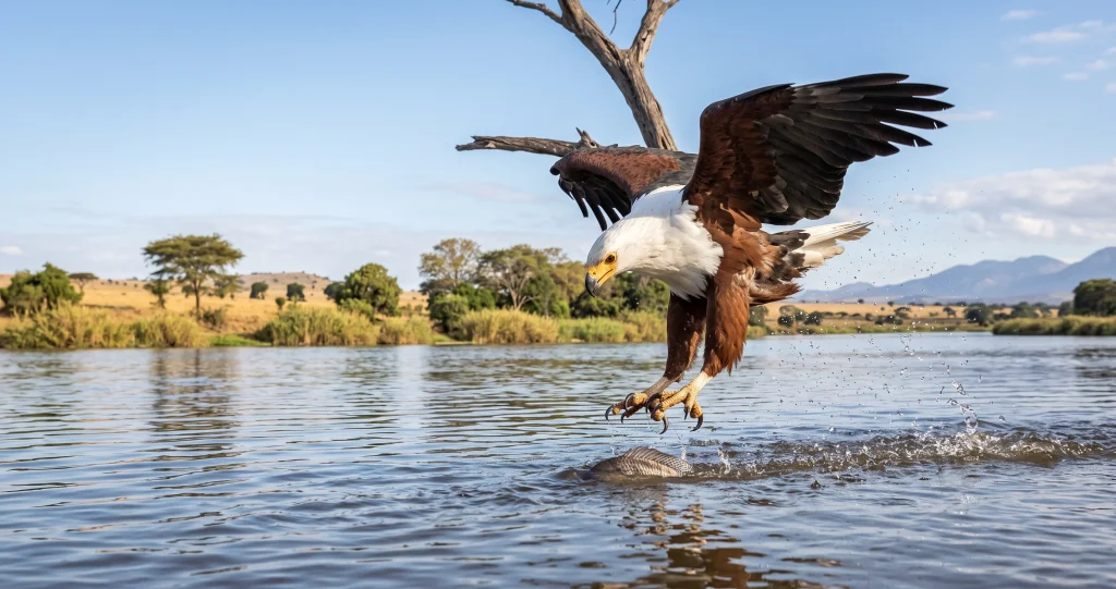 aigle pêcheur d'Afrique technique chasse capture poisson à la surface de l'eau