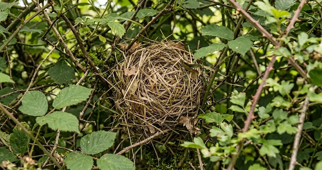 muscardin nid haie avec petit rongeur doré près d’un nid sphérique tissé dans un roncier