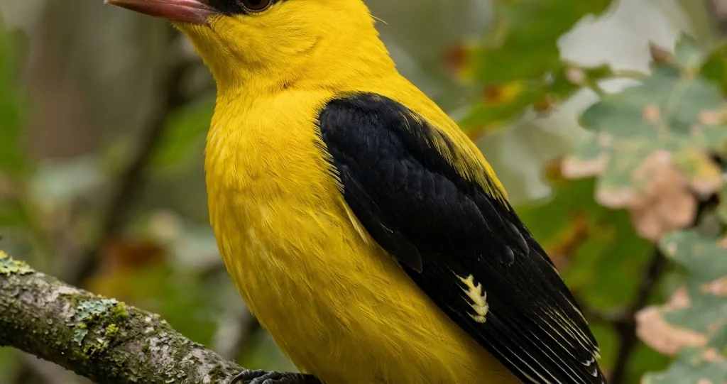 loriot d’Europe chant migration mâle au plumage jaune et noir dans la canopée d’une forêt de feuillus