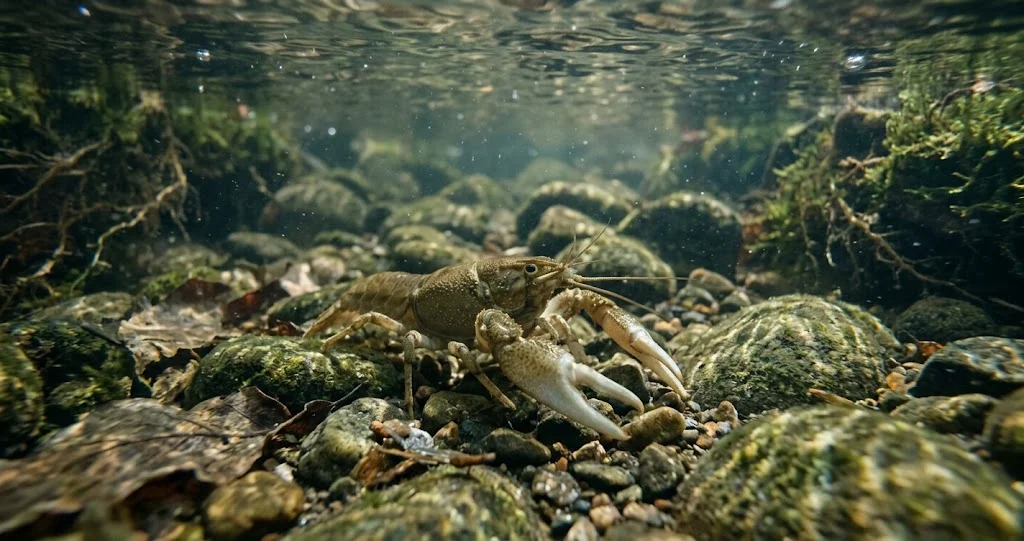  écrevisse à pattes blanches qualité eau dans un ruisseau naturel avec pierres, racines et eau claire