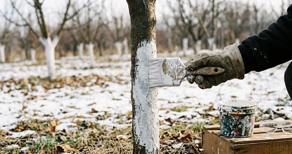  badigeon chaux troncs arbres fruitiers pour protéger l’écorce du soleil hivernal