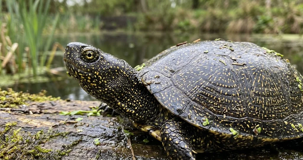 cistude d’Europe tortue France prenant un bain de soleil sur un tronc dans un étang naturel