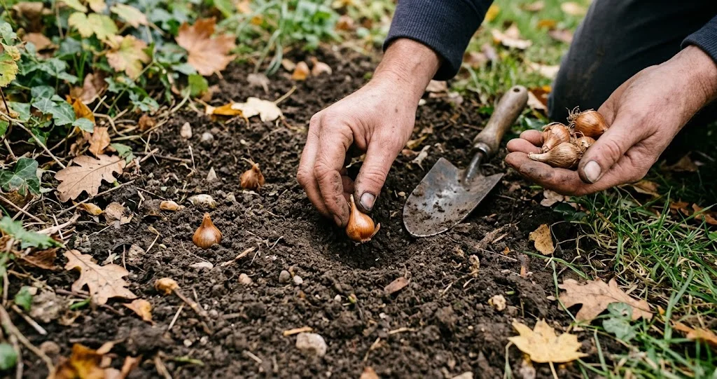 planter muscari automne avec bulbes installés en groupes dans une terre drainante, pointe vers le haut