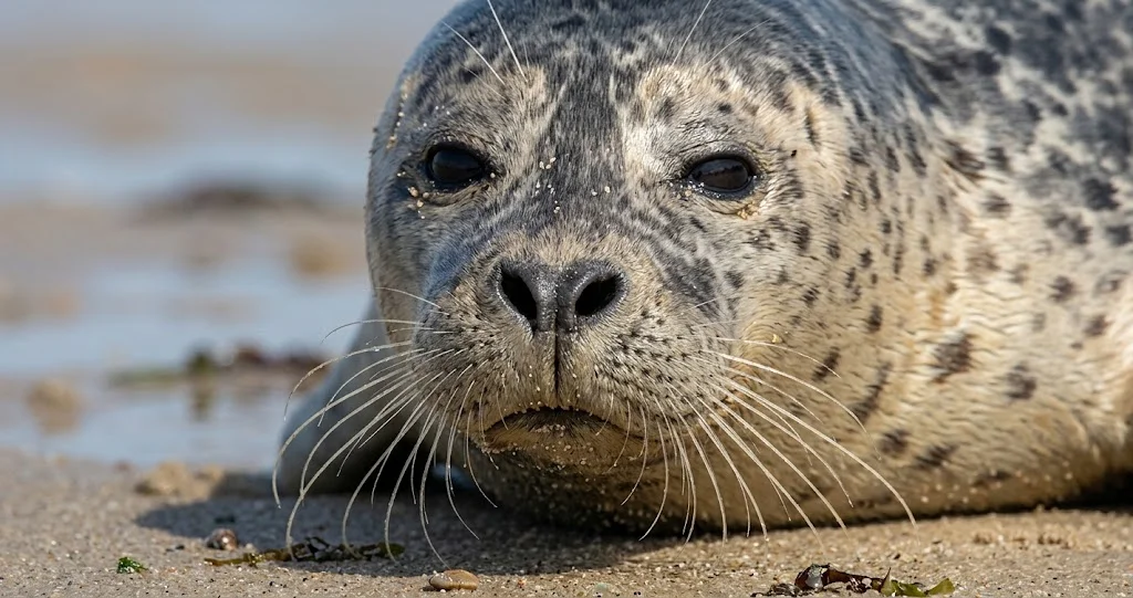 phoque veau-marin narines en V observé sur un banc de sable à marée basse