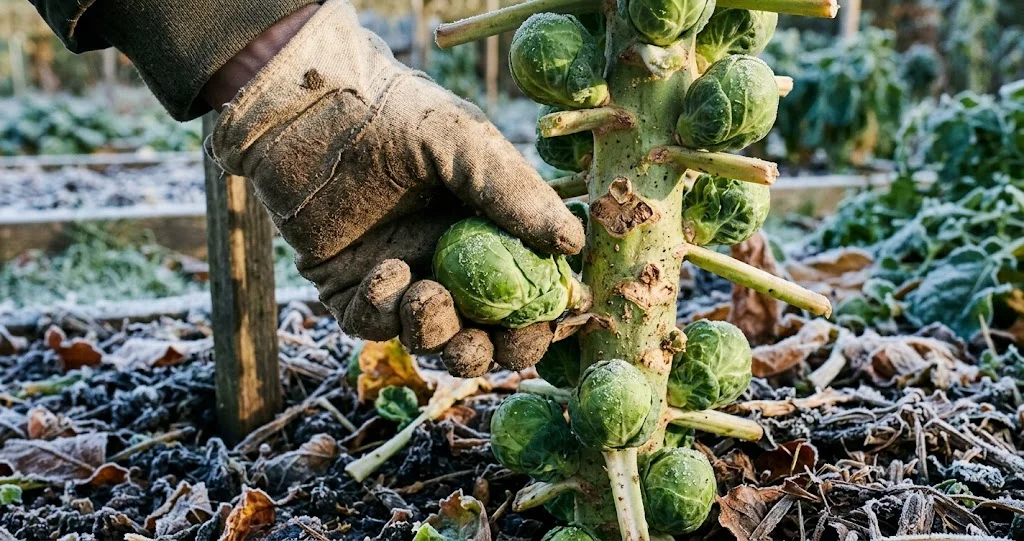 choux de Bruxelles récolte bas en haut sur une tige en automne