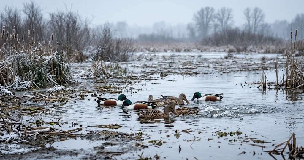 canard souchet bec spatule avec mâle, femelle et lamelles filtrantes dans une zone humide peu profonde