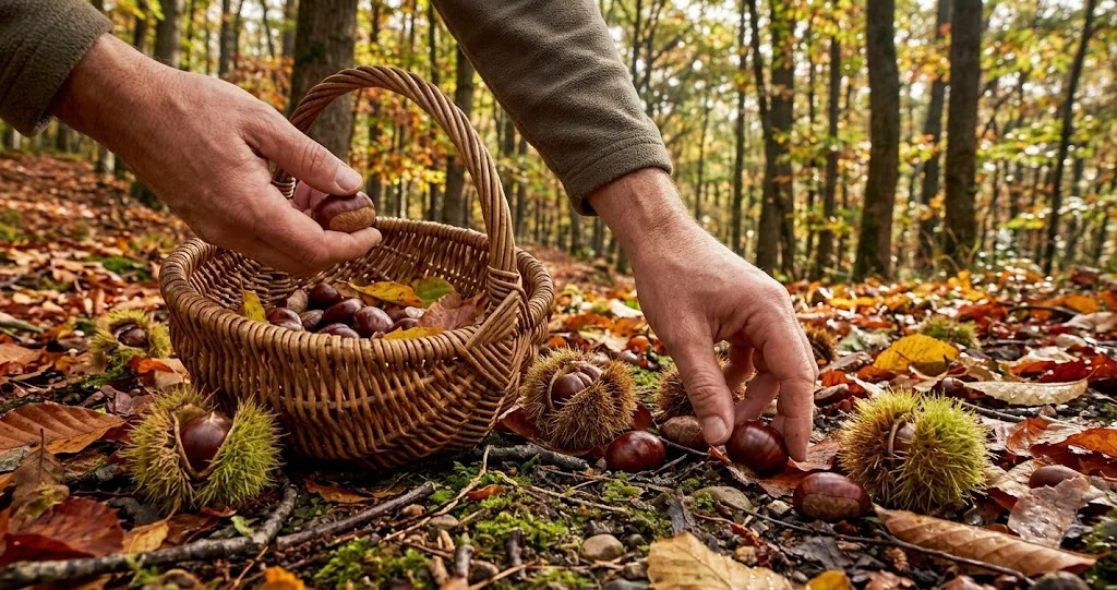  récolter châtaignes automne sous un châtaignier avec bogues ouvertes et fruits mûrs au sol
