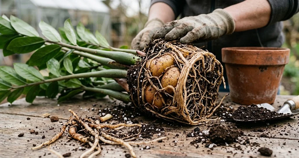 zamioculcas arrosage hiver rhizomes montrant ses organes souterrains de réserve