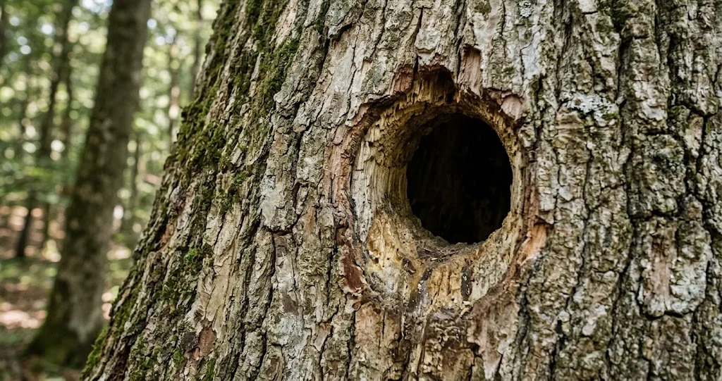 pic noir espèce architecte forêt devant l’entrée ovale d’une loge dans un grand hêtre