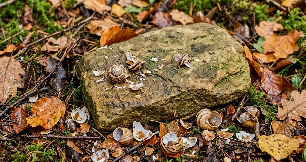 séquence grive musicienne enclume escargot montrant la coquille frappée contre une pierre
