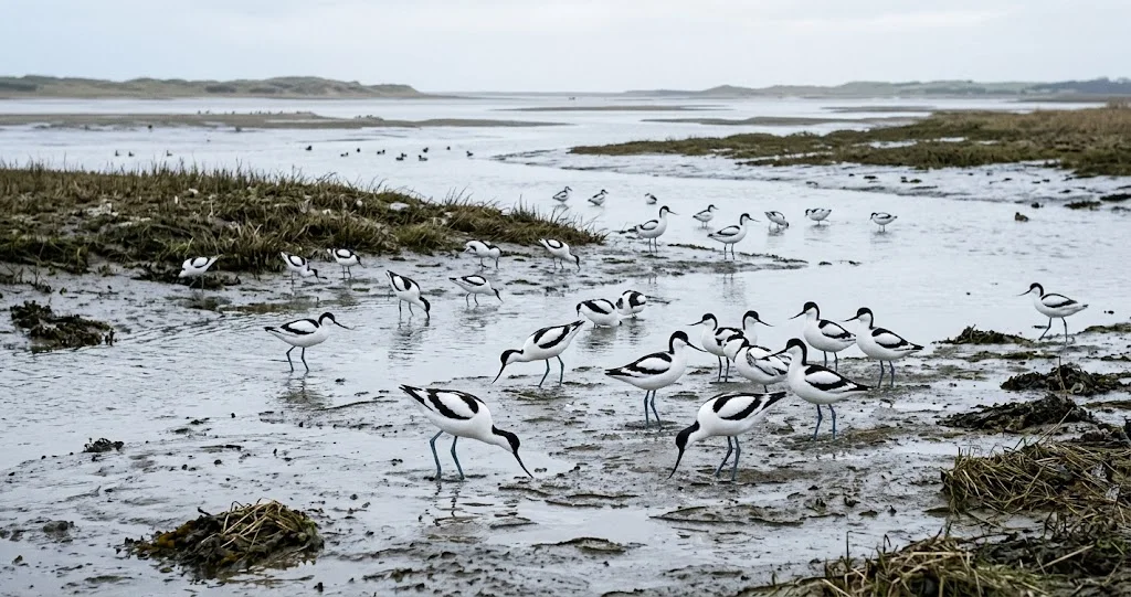avocette élégante bec retroussé recherchant des invertébrés dans une lagune peu profonde